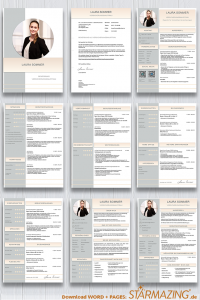 Perfekte und moderne Design Bewerbungsvorlage von STARMAZING: Seite 1: Bewerbungsdeckblatt Seite 2: Bewerbungsanschreiben Seite 3: CV Lebenslauf mit Profil Seite 4: CV Lebenslauf Folgeseite Seite 5: Flexible Zusatzseite / Weiterbildung Seite 6: Bildungsweg Seite 7: CV Kompakt Seite Seite 8: Motivationsschreiben Seite 9: Initiativbewerbung / OnePager Homeoffice Möglichkeit, Reisebereitschaft, Persönlichkeitsdarstellung, Kenntnisse und zeitliche Verfügbarkeit werden eindrucksvoll grafisch präsentiert. Mit Social Media QR Codes. Alle Schriften ohne Installation dabei. Download: www.STARMAZING.de/bewerber-shop