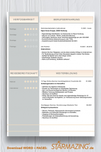 Perfekte und moderne Design Bewerbungsvorlage von STARMAZING: Seite 1: Bewerbungsdeckblatt Seite 2: Bewerbungsanschreiben Seite 3: CV Lebenslauf mit Profil Seite 4: CV Lebenslauf Folgeseite Seite 5: Flexible Zusatzseite / Weiterbildung Seite 6: Bildungsweg Seite 7: CV Kompakt Seite Seite 8: Motivationsschreiben Seite 9: Initiativbewerbung / OnePager Homeoffice Möglichkeit, Reisebereitschaft, Persönlichkeitsdarstellung, Kenntnisse und zeitliche Verfügbarkeit werden eindrucksvoll grafisch präsentiert. Mit Social Media QR Codes. Alle Schriften ohne Installation dabei. Download: www.STARMAZING.de/bewerber-shop