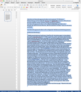 Screenshots eines Word-Dokuments, das eine Anweisung zur Formulierung eines Bewerbungsanschreibens mit ChatGPT zeigt, mit Fokus auf eine Stellenausschreibung der Jupiter AG.