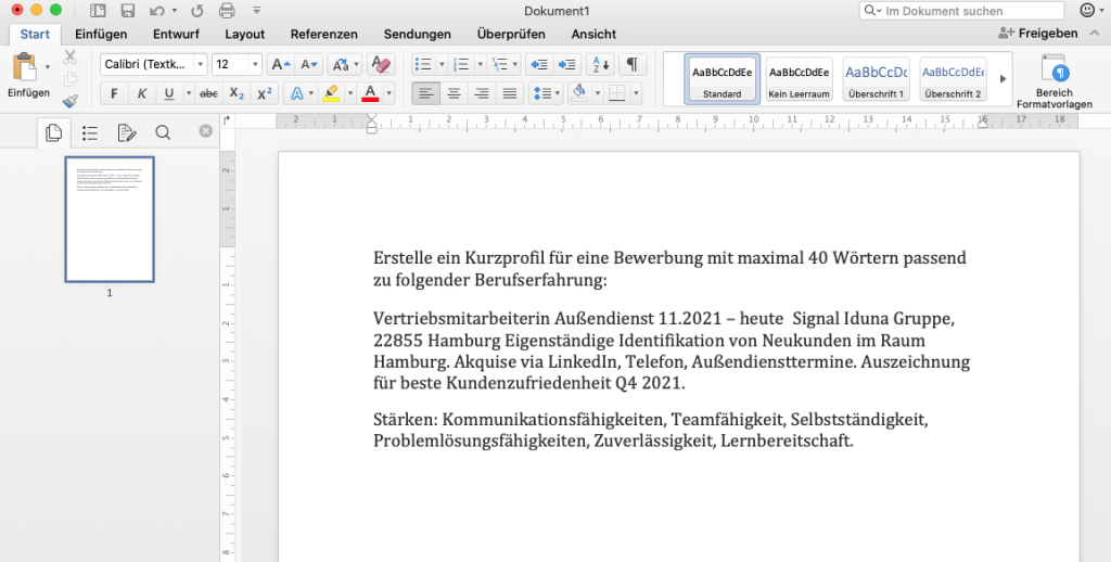ChatGPT Anweisung in Word fuer eine Kurzprofilerstellung Screenshots eines Word-Dokuments mit einer Anleitung zur Erstellung eines Bewerber-Kurzprofils unter Verwendung von ChatGPT, inklusive Details zur Berufserfahrung und Stärken einer Vertriebsmitarbeiterin, um ihre Chancen auf eine Stelle bei der Signal Iduna Gruppe zu verbessern.