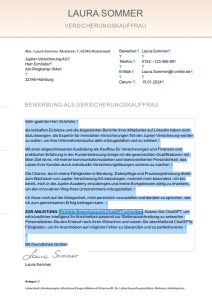 Bild eines Bewerbungsanschreibens von Laura Sommer an die Jupiter Versicherung AG, erstellt mit ChatGPT und eingefügt in eine formelle Bewerbungsvorlage, die ihre Qualifikationen und Motivation betont.