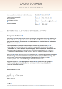 Bild eines professionellen Bewerbungsanschreibens von Laura Sommer an die Jupiter Versicherung AG, gestaltet in einer STARMAZING Designvorlage, das die effektive Nutzung von ChatGPT für überzeugende Bewerbungsinhalte demonstriert.