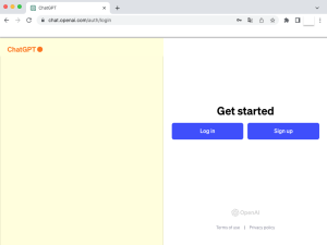 Bildschirmfoto der Anmeldeseite von ChatGPT mit zwei prominent platzierten Buttons für 'Log in' und 'Sign up' zur Auswahl zwischen Login und Kontoerstellung.
