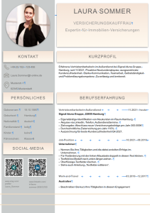 Bild eines Bewerberprofils in einer STARMAZING Designvorlage mit einem Foto und Kontaktinformationen, das einen von ChatGPT generierten Text über eine Versicherungskauffrau enthält, die sich auf Immobilienversicherungen spezialisiert hat.