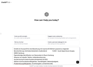 Screenshots zeigen die ChatGPT-Benutzeroberfläche mit einer Anfrage zur Erstellung eines Bewerber-Kurzprofils, einschließlich Details zur Berufserfahrung als Vertriebsmitarbeiterin und persönlichen Stärken, die für eine Bewerbung bei der Signal Iduna Gruppe essentiell sind.