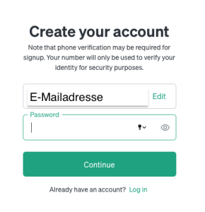 Bildschirmfoto eines Registrierungsformulars für ChatGPT, das Felder für die E-Mail-Adresse und das Passwort sowie einen 'Weiter'-Button enthält.
