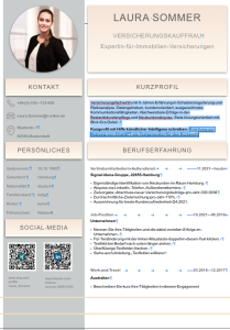 Screenshot eines Muster-Bewerberprofils für eine Versicherungskauffrau mit ChatGPT-generiertem Text. Das Profil enthält eine professionelle Foto, Kontaktinformationen, persönliche Daten sowie detaillierte Berufserfahrung und wurde als Beispiel für die Erstellung eines optimierten Kurzprofils verwendet.