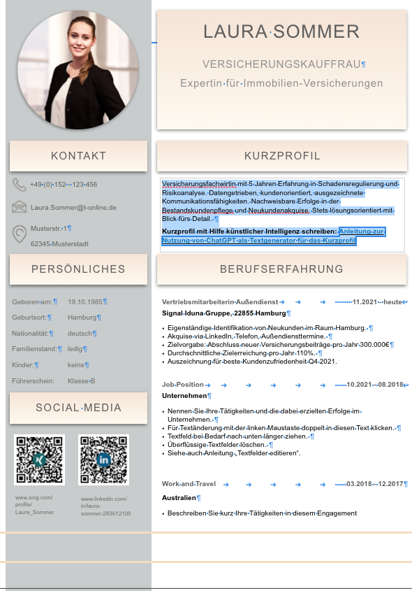 Kurzprofil Beispieltext mit ChatGPT generiertem Bewerberprofil austauschen Screenshot eines Muster-Bewerberprofils für eine Versicherungskauffrau mit ChatGPT-generiertem Text. Das Profil enthält eine professionelle Foto, Kontaktinformationen, persönliche Daten sowie detaillierte Berufserfahrung und wurde als Beispiel für die Erstellung eines optimierten Kurzprofils verwendet.