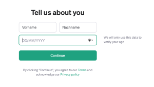 Bildschirmfoto eines Registrierungsformulars, das die Eingabefelder für Vorname, Nachname und Geburtsdatum sowie einen 'Weiter'-Button enthält, um sich für ChatGPT zu registrieren.
