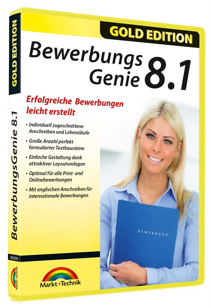 Bewerbungsgenie-Markt-und-Technik in der Software Bewerbungsgenie sind über 4.000 perfekt formulierte Textbausteine für die perfekte Bewerbung bereits enthalten. Für Individuell zugeschnittene Bewerbungsanschreiben und Lebensläufe. Optimal für alle Print- und Onlinebewerbungen. Automatisches Erstellen optimal strukturierter Lebensläufe auf der Basis Ihrer persönlichen Angaben. Anpassung von Textbausteinen und Layouts für individuelle Gestaltung. Englischsprachige Anschreiben für international ausgerichtete Bewerbungen. Organizer zur Verwaltung laufender Bewerbungen.