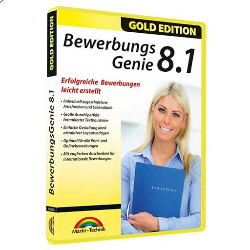 in der Software Bewerbungsgenie sind über 4.000 perfekt formulierte Textbausteine für die perfekte Bewerbung bereits enthalten. Für Individuell zugeschnittene Bewerbungsanschreiben und Lebensläufe. Optimal für alle Print- und Onlinebewerbungen. Automatisches Erstellen optimal strukturierter Lebensläufe auf der Basis Ihrer persönlichen Angaben. Anpassung von Textbausteinen und Layouts für individuelle Gestaltung. Englischsprachige Anschreiben für international ausgerichtete Bewerbungen. Organizer zur Verwaltung laufender Bewerbungen.