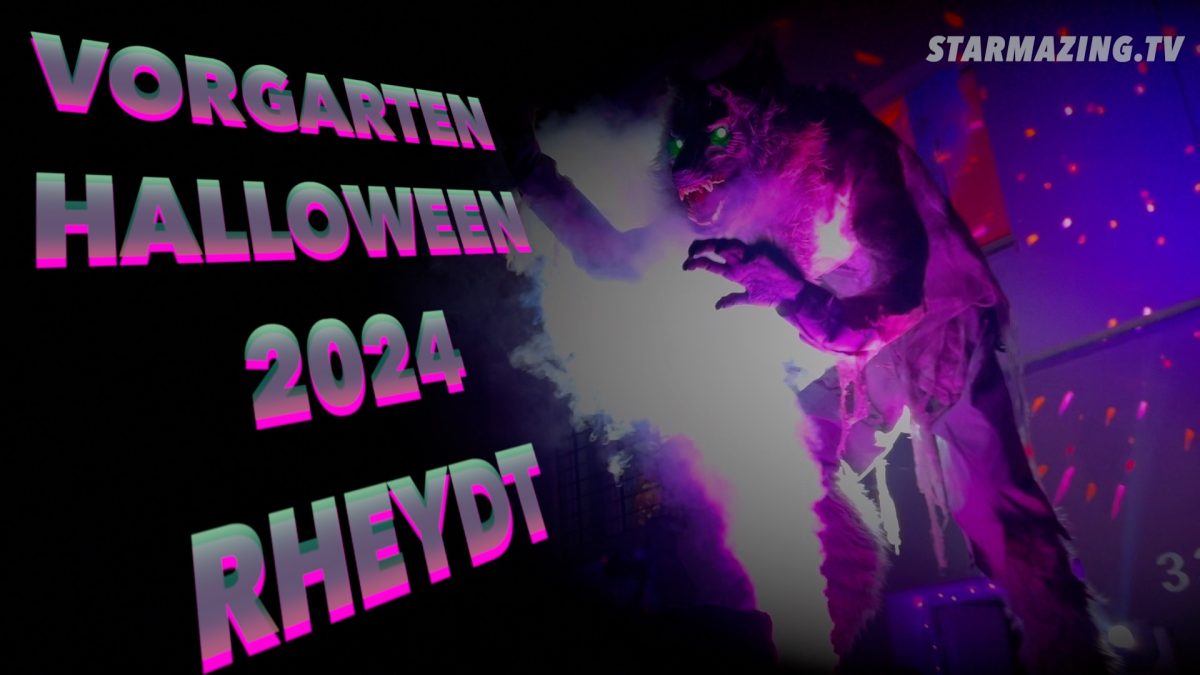 Spektakuläres Halloween-Event 2024 in Mönchengladbach Rheydt: Riesiger Werwolf im Vorgarten-Spinnennest Großer Werwolf im Halloween-Vorgarten, umgeben von Spinnennetzen und Kürbissen in Mönchengladbach Rheydt