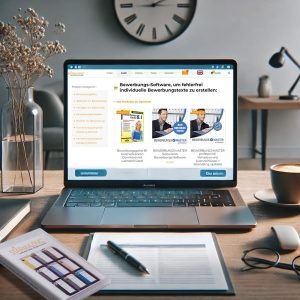 Laptop mit geöffneter Bewerbungssoftware zur Erstellung professioneller Bewerbungsunterlagen.