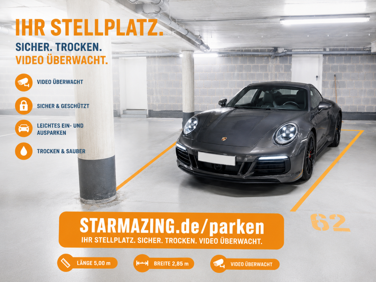 Videoüberwachter Tiefgaragenstellplatz 62 in Mönchengladbach Rheydt mit Porsche als Beispiel für großzügige Stellplatzgröße von 5,00 m x 2,85 m
