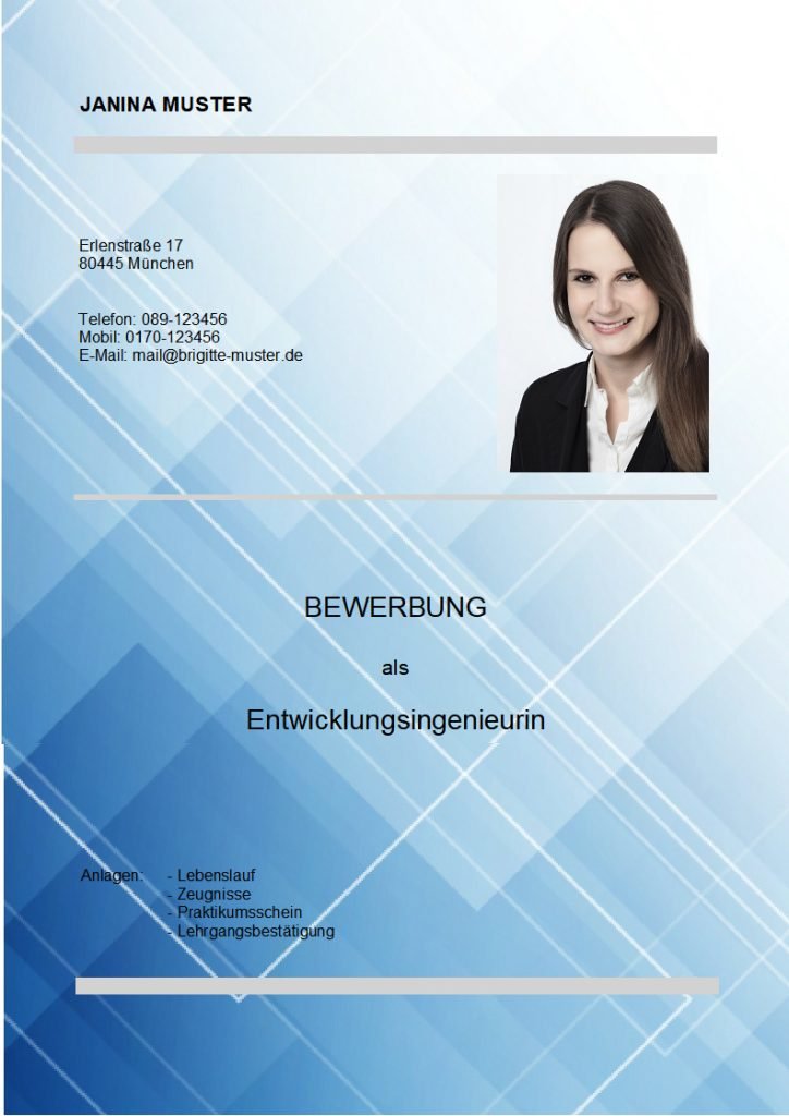 Individuelles Deckblatt für Bewerbungen mit BEWERBUNGSMASTER Beispiel für ein stilvolles Bewerbungsdeckblatt mit der Bewerbungssoftware BEWERBUNGSMASTER.