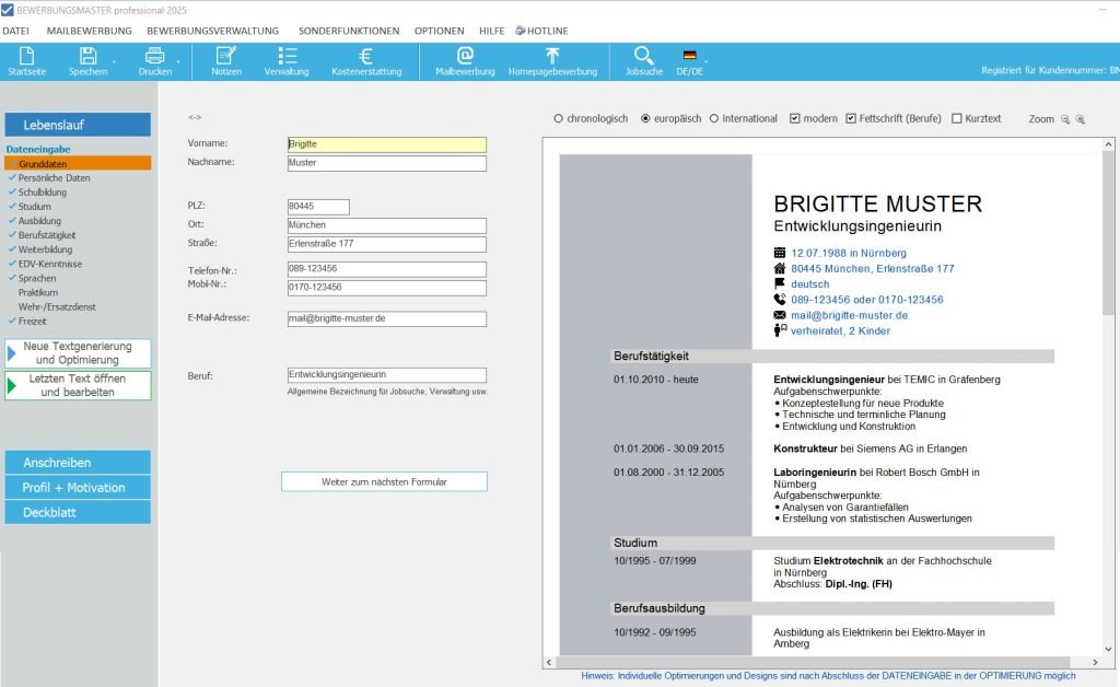 BEWERBUNGSMASTER – Benutzerfreundliche Oberfläche mit Vorschau Screenshot der BEWERBUNGSMASTER-Software mit Eingabemaske und Ergebnisvorschau.