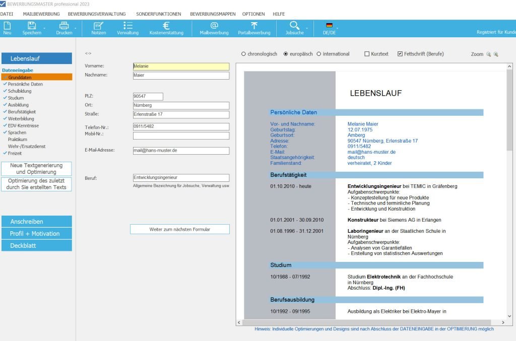 Lebenslauf einfach erstellen mit BEWERBUNGSMASTER Screenshot der BEWERBUNGSMASTER-Oberfläche mit Lebenslauf-Erstellung.