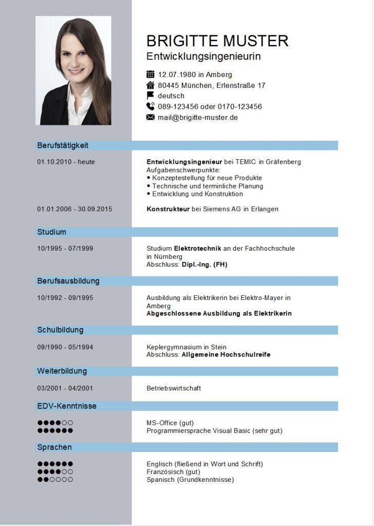 Moderner Lebenslauf im Platin-Design mit BEWERBUNGSMASTER Beispiel für einen Lebenslauf im Platin-Design, erstellt mit BEWERBUNGSMASTER.