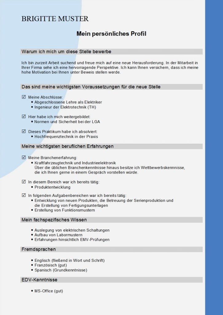Persönlichkeitsprofil für Bewerbungen mit BEWERBUNGSMASTER Beispiel für ein Persönlichkeitsprofil aus der Bewerbungssoftware BEWERBUNGSMASTER.