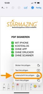 PDF Unterschreiben mit IPhone kostenlos Schritt 4 Serie von Screenshots, die Schritt für Schritt zeigen, wie man ein PDF auf dem iPhone öffnet, eine Unterschrift hinzufügt und das Dokument speichert.