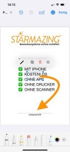 PDF Unterschreiben mit IPhone kostenlos Schritt 7 Serie von Screenshots, die Schritt für Schritt zeigen, wie man ein PDF auf dem iPhone öffnet, eine Unterschrift hinzufügt und das Dokument speichert.