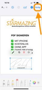 PDF Unterschreiben mit IPhone kostenlos Schritt 9 Serie von Screenshots, die Schritt für Schritt zeigen, wie man ein PDF auf dem iPhone öffnet, eine Unterschrift hinzufügt und das Dokument speichert.