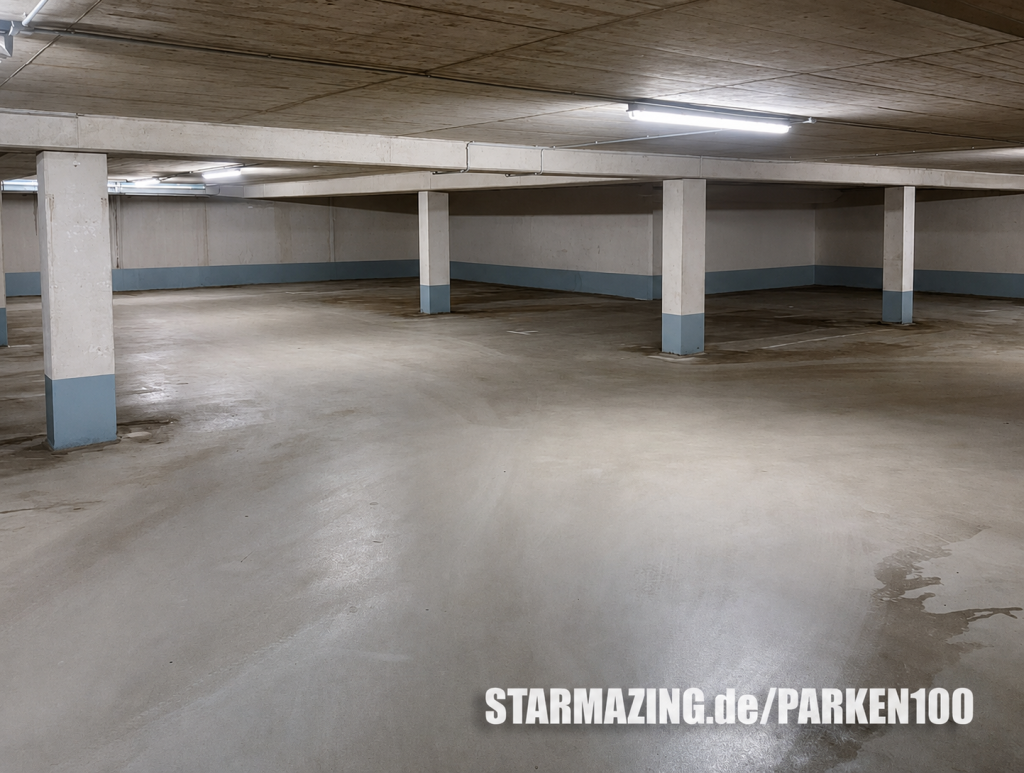 Tiefgarage Nesselrodestraße Mönchengladbach – Innenansicht Helle und gepflegte Innenansicht der Tiefgarage in der Nesselrodestraße, Mönchengladbach mit markierten Stellplätzen.