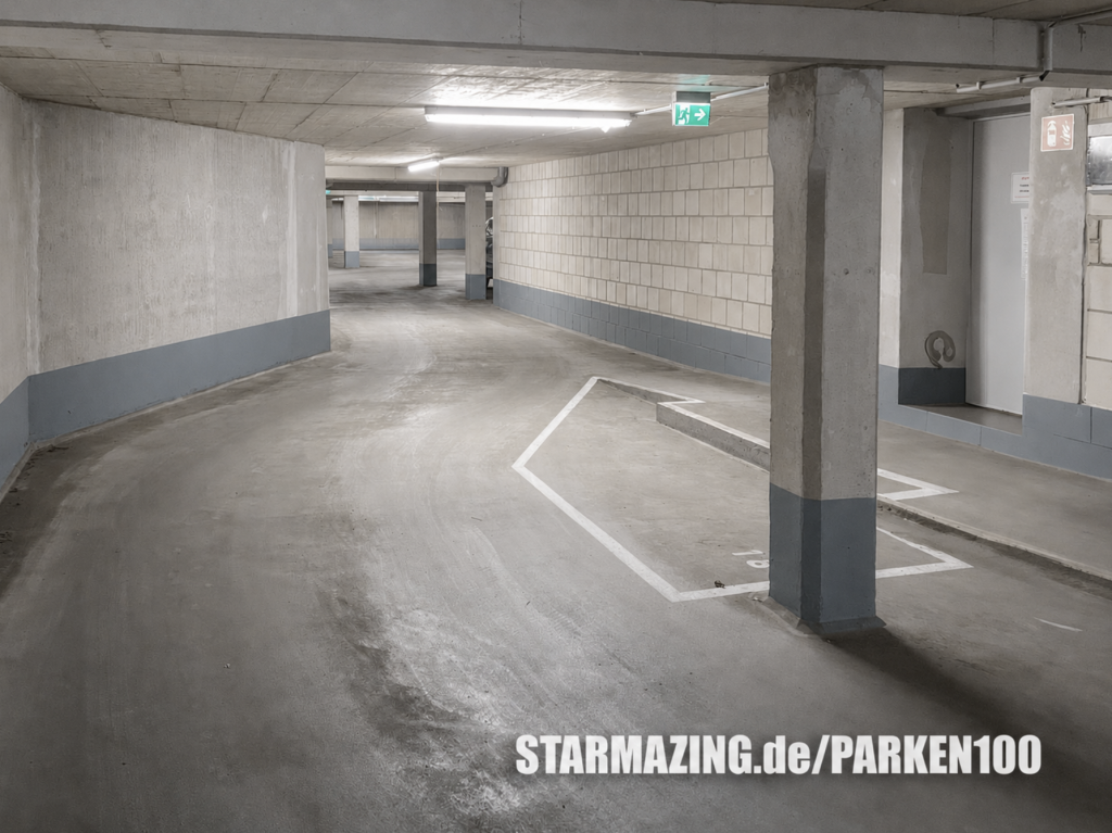 Tiefgarage Nesselrodestraße Mönchengladbach – Innenansicht Helle und gepflegte Innenansicht der Tiefgarage in der Nesselrodestraße, Mönchengladbach mit markierten Stellplätzen.