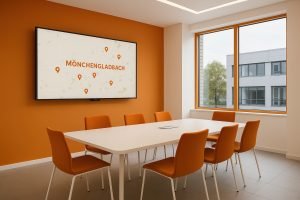 Konferenzraum von STARMAZING Immobilien mit Karte von Mönchengladbach auf Bildschirm und ausgewählten Immobilienstandorten.