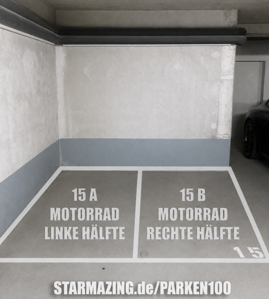 Tiefgarage Nesselrodestraße Mönchengladbach – Motorrad Stellplätze Helle und gepflegte Innenansicht der Tiefgarage in der Nesselrodestraße, Mönchengladbach mit markierten Stellplätzen.