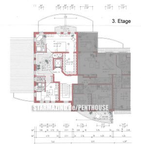 Grundriss 3. Etage des Penthouse-Duplex in Mönchengladbach mit Gästezimmer, Bad, Empfangsbereich und Zugang über Privatfahrstuhl