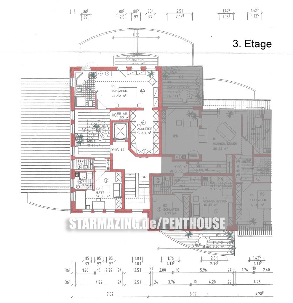 Grundriss 3. Etage – Architekten-Duplex-Penthouse Mönchengladbach Grundriss 3. Etage des Penthouse-Duplex in Mönchengladbach mit Gästezimmer, Bad, Empfangsbereich und Zugang über Privatfahrstuhl