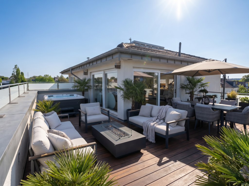 Moderne Dachterrasse mit Whirlpool in Mönchengladbach – exklusives Wohnen Moderne Dachterrasse mit Whirlpool und Sitzbereich bei Tageslicht in Mönchengladbach