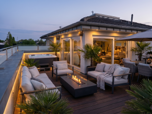 Luxuriöse Dachterrasse mit Whirlpool und Lounge bei Abend in Mönchengladbach Immobilie