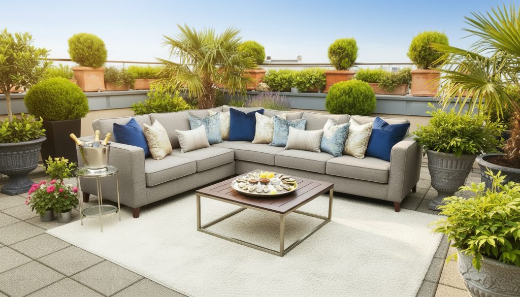 Luxuriöser Champagner-Empfang auf Penthouse-Terrasse Champagner-Empfang auf Terrasse eines Luxus-Penthouses