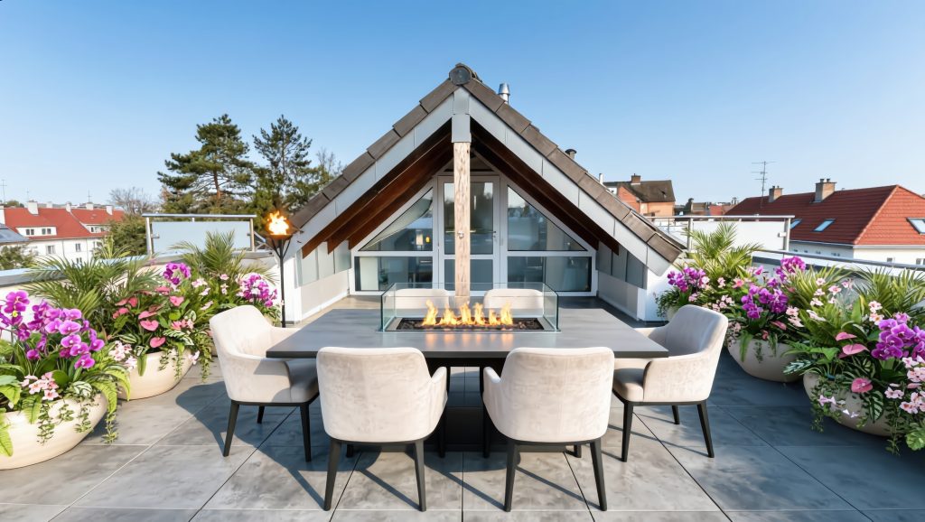 Penthouse-Terrasse mit Feuertisch & SPA-Haus in Mönchengladbach Luxus-Penthouse-Terrasse mit Feuertisch und privatem SPA-Haus