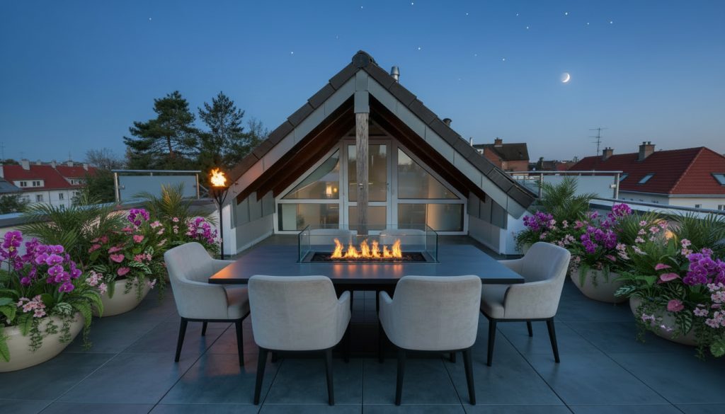 Penthouse-Terrasse mit Feuertisch & SPA-Haus in Mönchengladbach Luxus-Penthouse-Terrasse mit Feuertisch und privatem SPA-Haus am Abend
