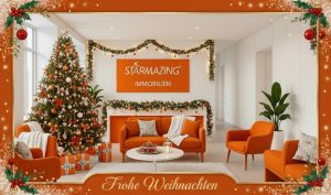 Moderner Empfangsbereich der STARMAZING Immobilienagentur mit weiß-oranger Einrichtung und zentralem Firmenschild dekoriert zu Weihnachten.