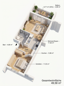Grundriss 2 Zimmer Wohnung mit Balkon und Wohnfläche 49 qm Mönchengladbach Rheydt