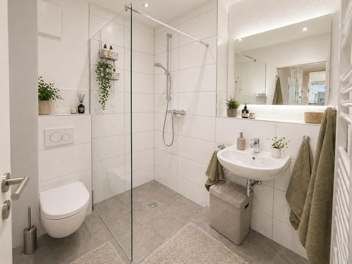 Modernes Badezimmer mit bodengleicher Dusche und Fliesen in Wohnung Mönchengladbach Rheydt