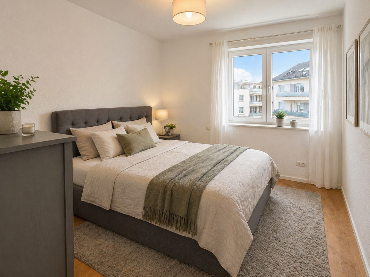Helles Schlafzimmer mit Doppelbett und Fenster in Wohnung Mönchengladbach Rheydt