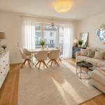 Heller Wohn- und Essbereich mit Sofa und Balkonzugang in Wohnung Mönchengladbach Rheydt