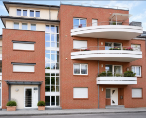 Außenansicht einer modernen vermieteten Eigentumswohnung mit Balkon, Aufzug und Tiefgarage in Mönchengladbach-Rheydt.